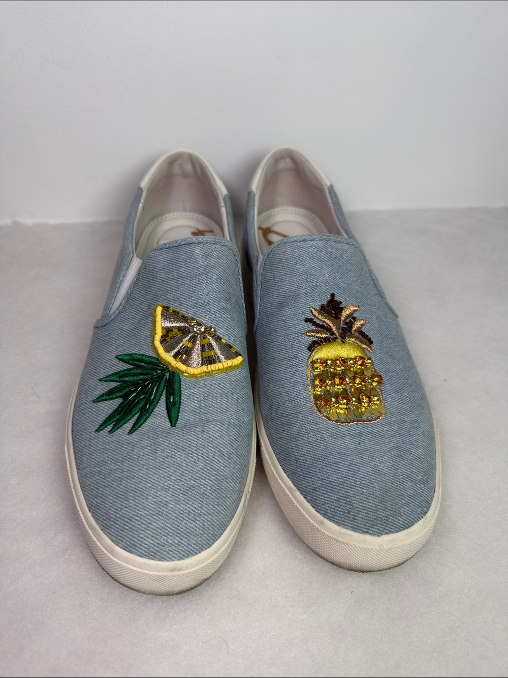Sam Edelman Womens Evelina Pineapple Sequin Slip On Denim Sneakers Blue Size 9M